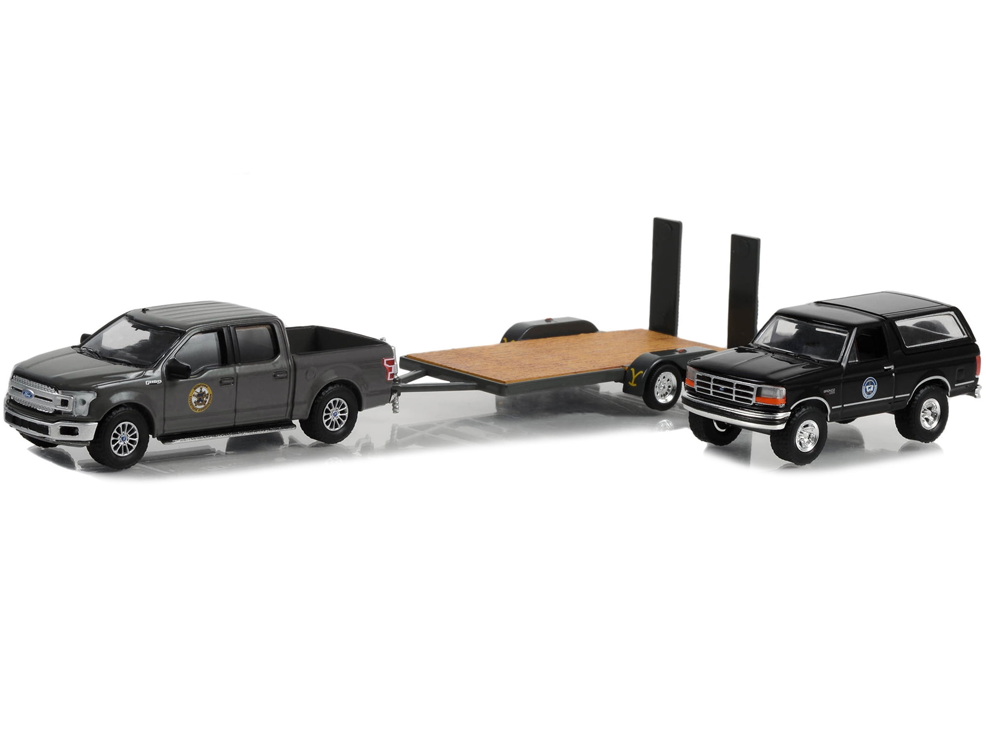 2018 Ford F-150 Truck Gray w/1992 Bronco Black and Trailer "Yellowstone" (2018-Current) TV 1/64 Diecast Model Cars by Greenlight