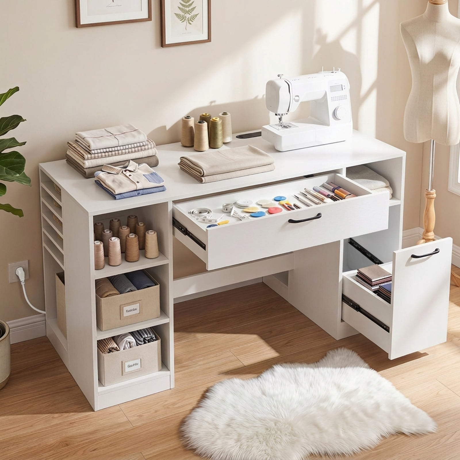 Furnibear Sewing Table Craft Station Desk with Power Outlets 2 Drawers and Open Compartments for Home Office Crafting Work, White