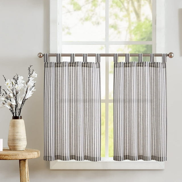 Cortinas de Cocina JINCHAN con Presillas, Lino 90cm Rayadas, 2 Paneles