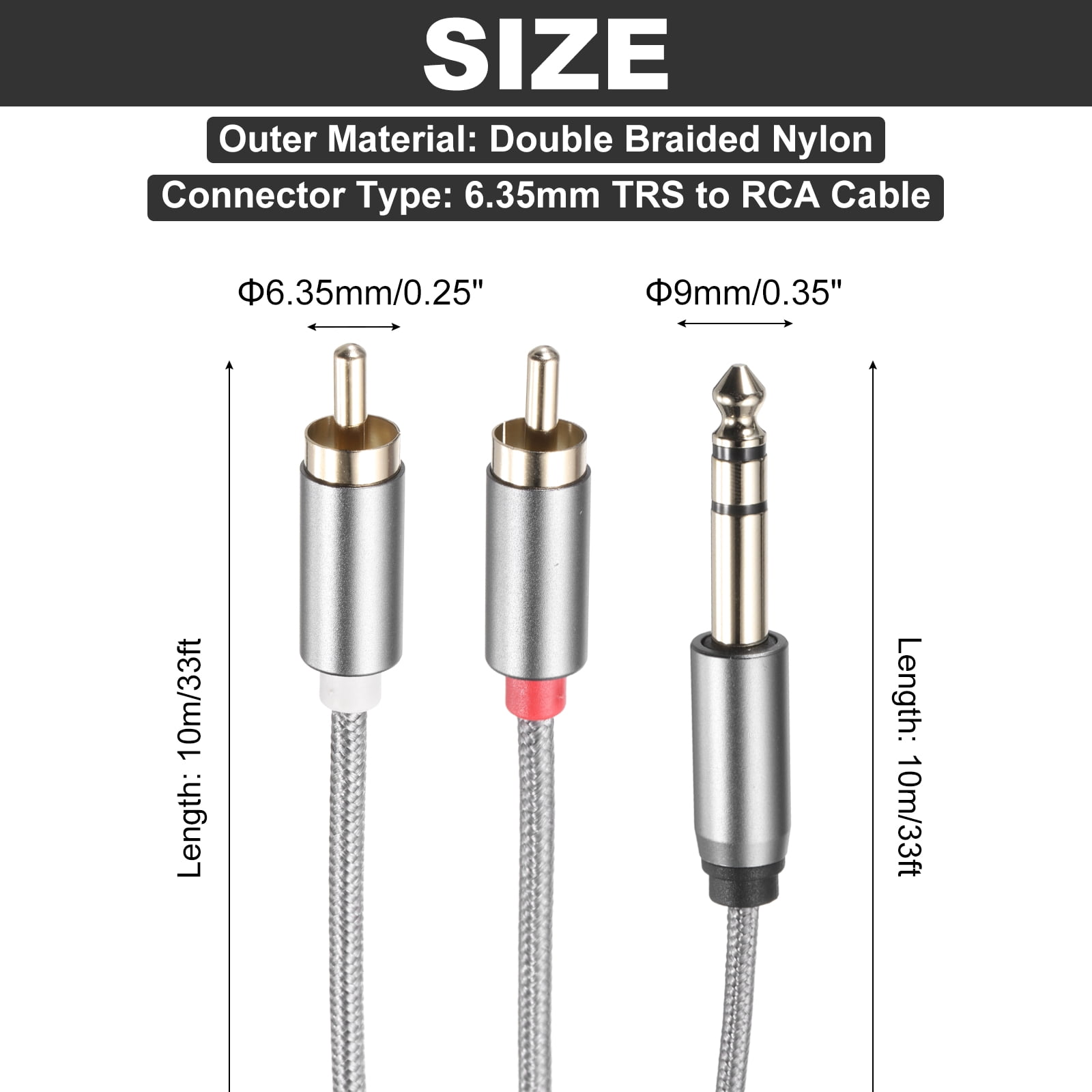1/4 to RCA Cable, 33ft TRS to 2 RCA Stereo Audio Cable 6.35mm RCA Y Splitter