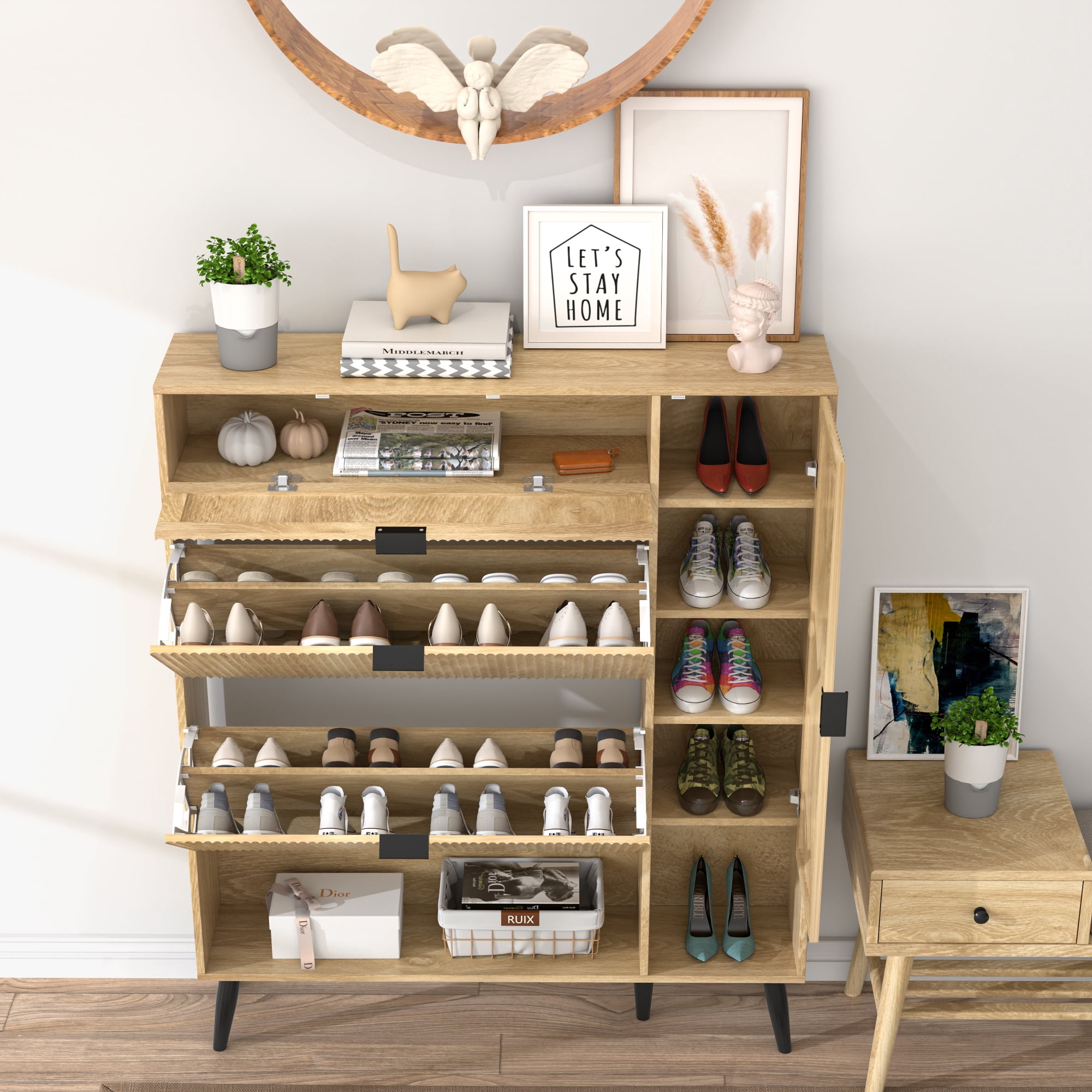 Furtivusia Shoe Storage Cabinet with 2 Flip Drawers, Freestanding Shoe Rack Shoe Cabinet for Entryway, Shoe Rack Organizer for Living Room, Wood Color