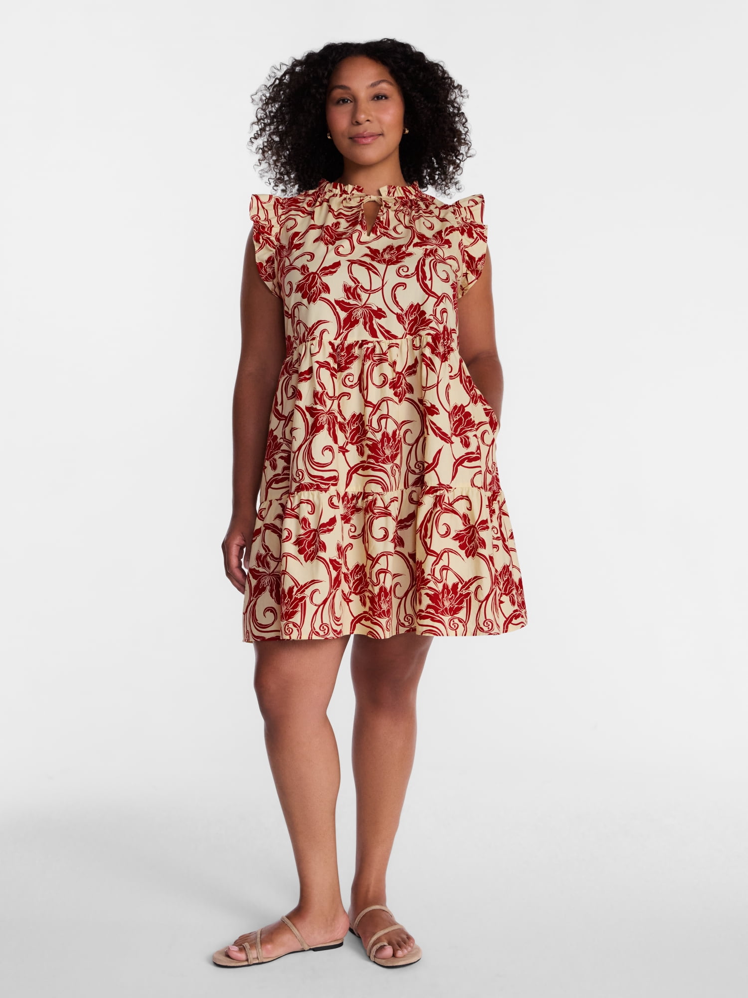 Time and Tru Women's and Women's Plus Cotton Mini Dress with Flutter Sleeves, Sizes XS-4X