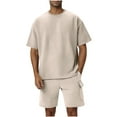 thumbnail image 3 of VBTAPA Men's Fashion 2 Piece Waffle Knit T Shirt and Shorts Sets Summer Beach Outfits Casual Tracksuits Set with Pockets Khaki S, 3 of 9