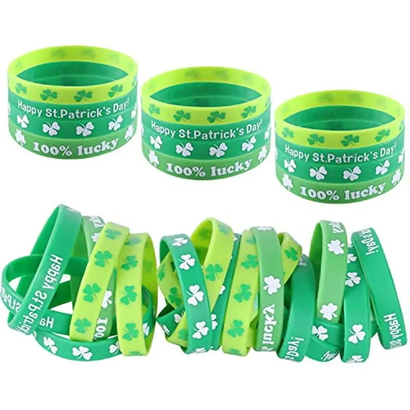 12pcs St. Patrick's Day Green Shamrock Wristbands - Silicone Irish ...