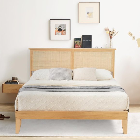 YUSAZENS Cadre de Lit Très Grand Size en Rotin avec Tête de Lit en Bois et Lumières DEL - Lit Plateforme à Lattes en Bois Robustes, Base de Matelas Silencieuse, Assemblage Facile, Aucun Sommier Requis, Couleur Bois