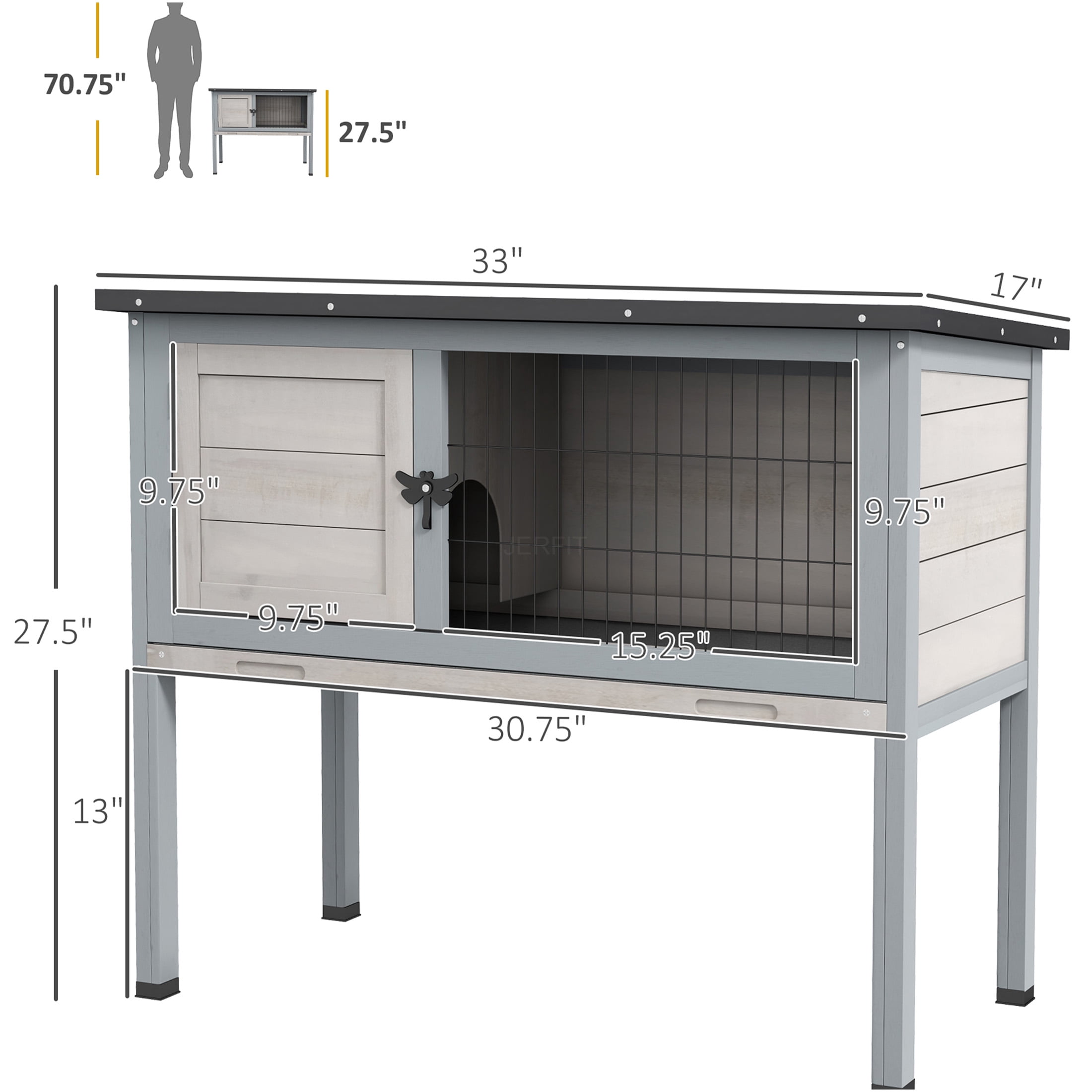 JERFIT Elevated Rabbit Hutch with Removable Tray, Indoor Outdoor Wooden Bunny Cage with Asphalt Roof for Rabbits Guinea Pigs, Gray