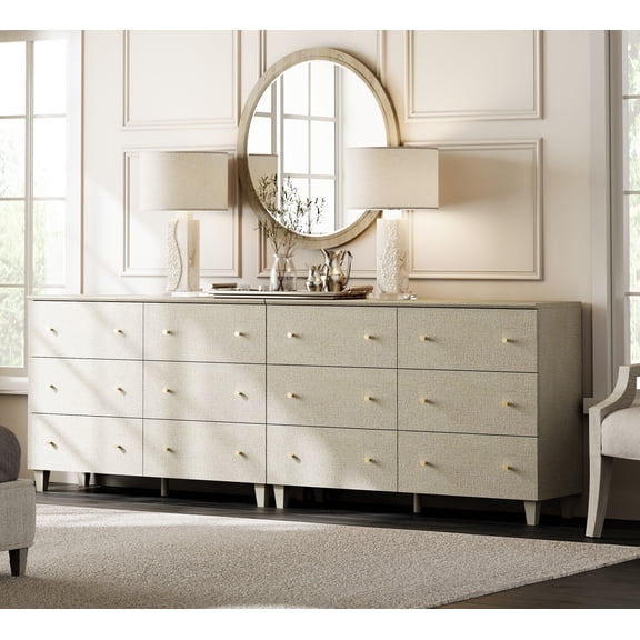 WAMPAT Dressers with 12 Drawers for Bedroom, 2-in-1 Wooden Chest of Drawers, Modern Closet Storage Organizer with Solid Wood Legs for Living Room, Hallway, Nursery, 94.4x15.4x32.4, Beige Linen Finish