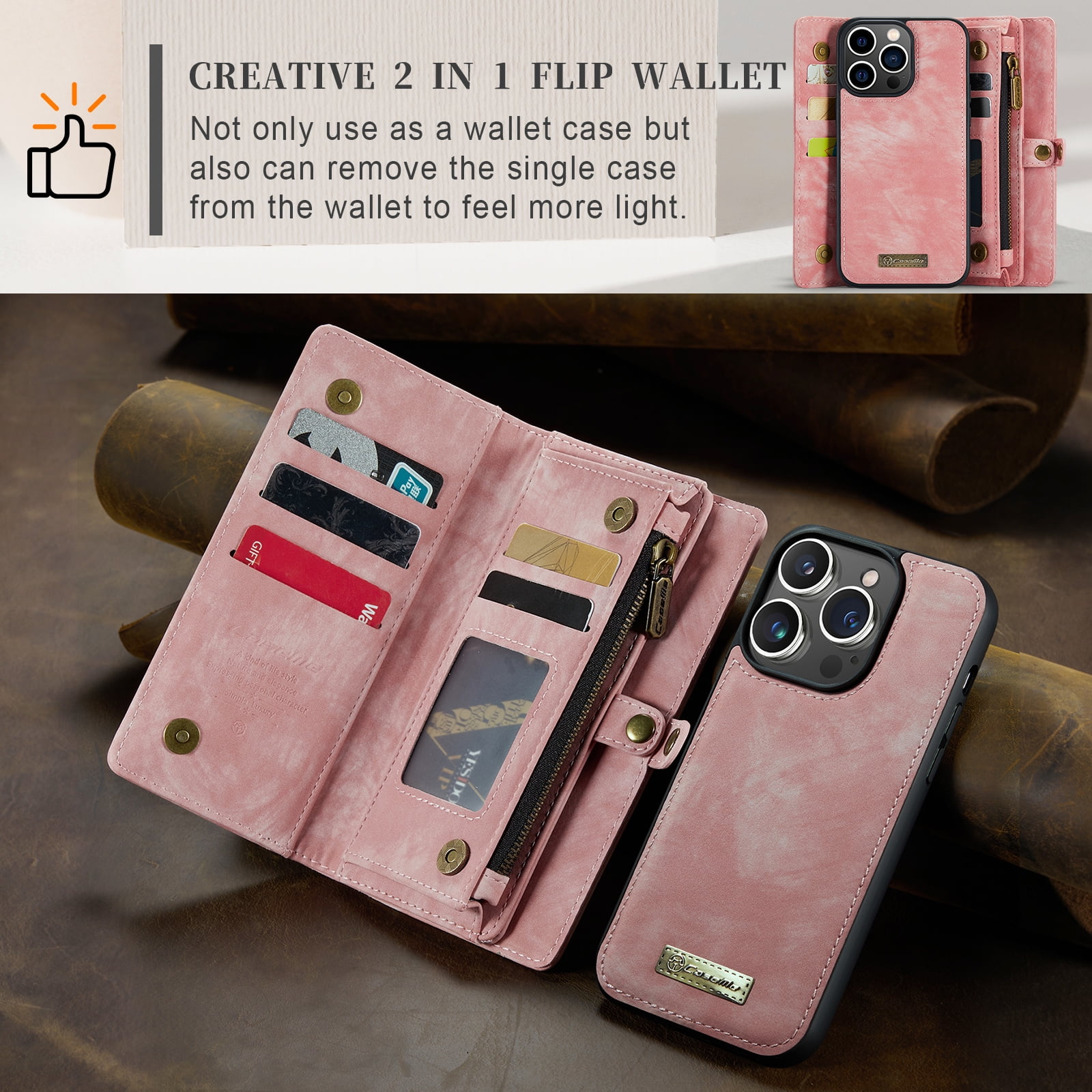 Feishell Durable 2- In-1 Magnetic Detachable Wallet Case for iPhone 14 Pro Max,for Women Men,Premium PU Leather Zipper Pocket Flip Multi Card Slots Purse Phone Case with Wrist Strap,Pink