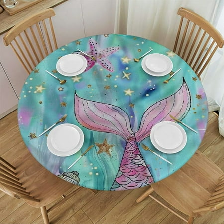 

Orinice Mermaid Tail Stars Shells Round Table Cover Stain Resistant Washable Indoor Outdoor Tablecloth Kitchen Dining Wedding Parties 100% Polyester Fiber 54-58