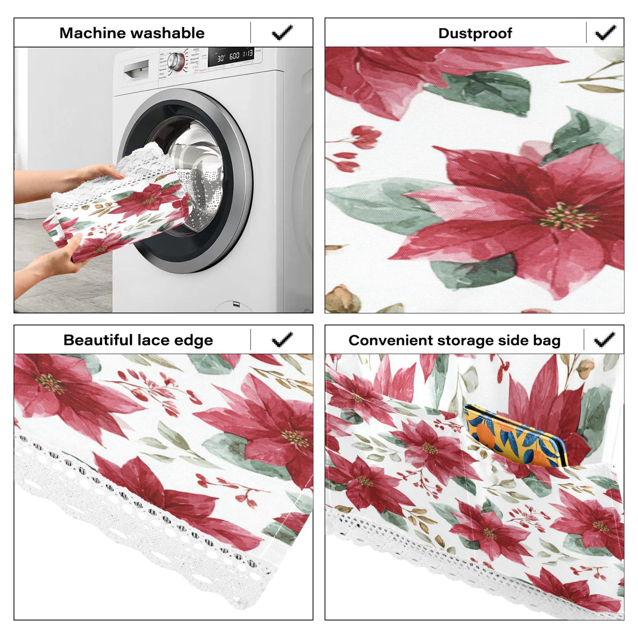 Wobogo Poinsettia Flowers Washing Machine Cover Dustproof Washer Dryer Cover Waterproof Laundry Room Decorative Protector