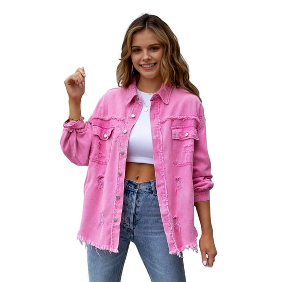 Women Denim Jacket Retro Single-breasted Ripped Hole Turn-down Collar Long Sleeves Solid Color Flap Pockets Lady Coat Commuting Shopping Coat