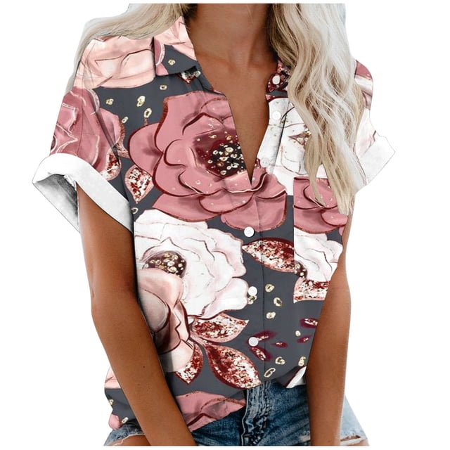 Camisas de Mujer Casual Impreso Cuello Botón Arriba Blusa de Manga Corta, Botón Arriba Camisa Mujeres