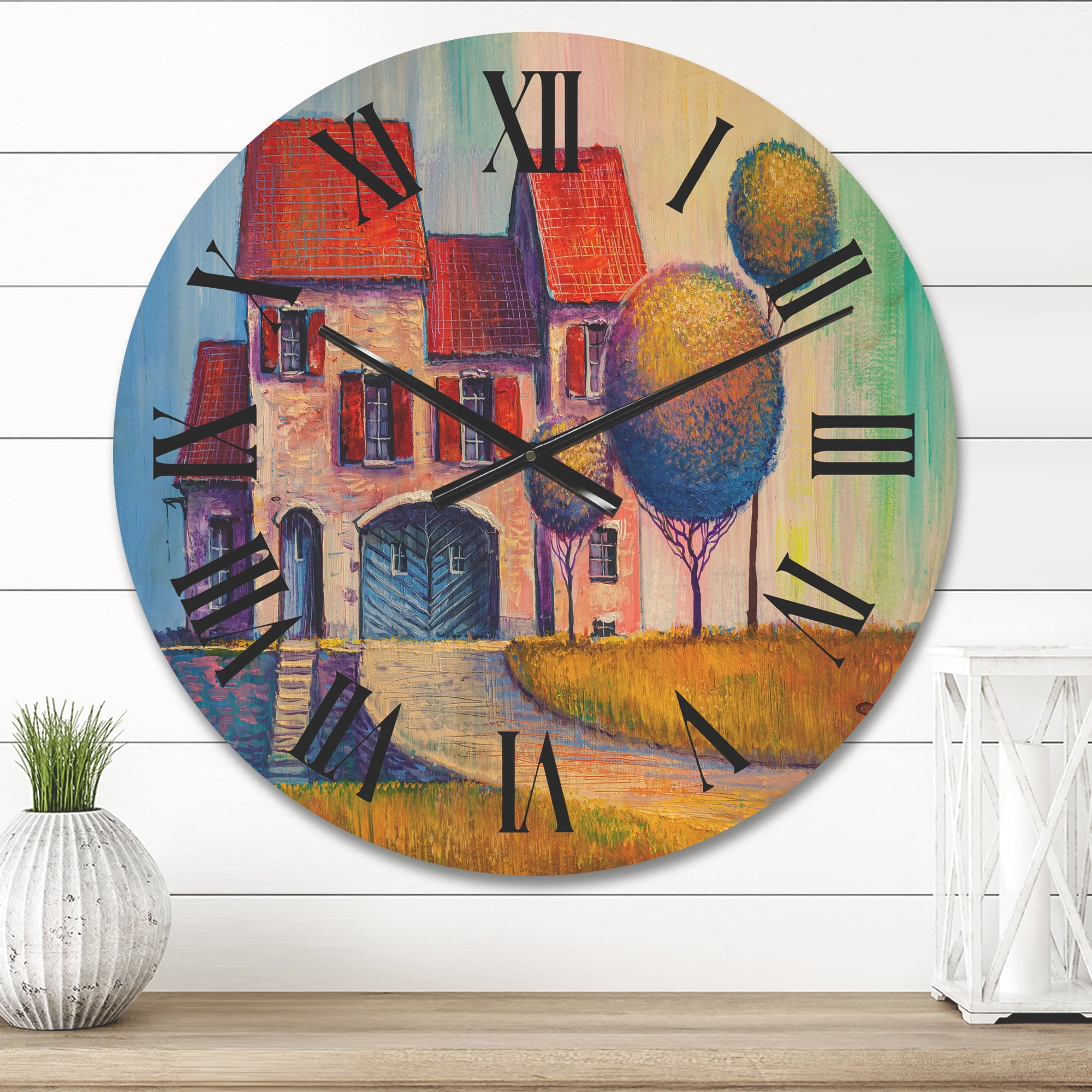 Designart 'A Red Roof House With In The Village' Modern Wood Wall Clock