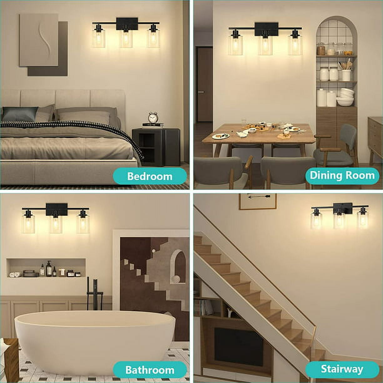 Bathroom Light Fixtures 3 Light Matte Black Vanity Light Vintage Wall Sconces Lighting Modern Bath Wall Mounted Lights with Glass
