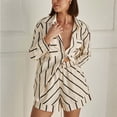 thumbnail image 3 of Czanzd Women Striped Two-Piece Outfit Shirt and High Waist Shorts Loungewear Set,Beige,XL, 3 of 8
