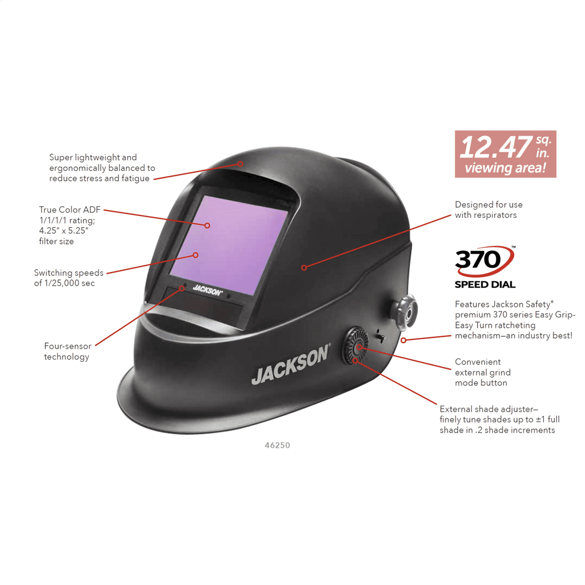 Jackson Safety Welding Helmet - Auto Darkening - Thermoplastic - 3.86" x 3.23" Viewing Area - Shade 3/4-14 Translight ADF 1/1/1/1 - 370 Speed Dial Headgear - Black - Translight+ 555 Series