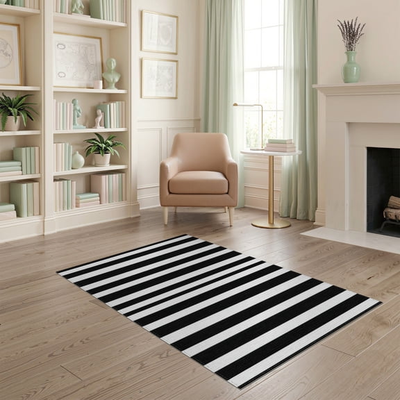 ODIKA 4'x6' Machine Washable Non-Slip Area Rug, Chic Striped for Entryway Patio Modern Urban High Traffic Rug, Black, 60661