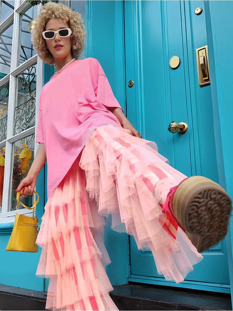 Women'S Long Tiered Ruffled Tulle Pants High Waist Stripe Print