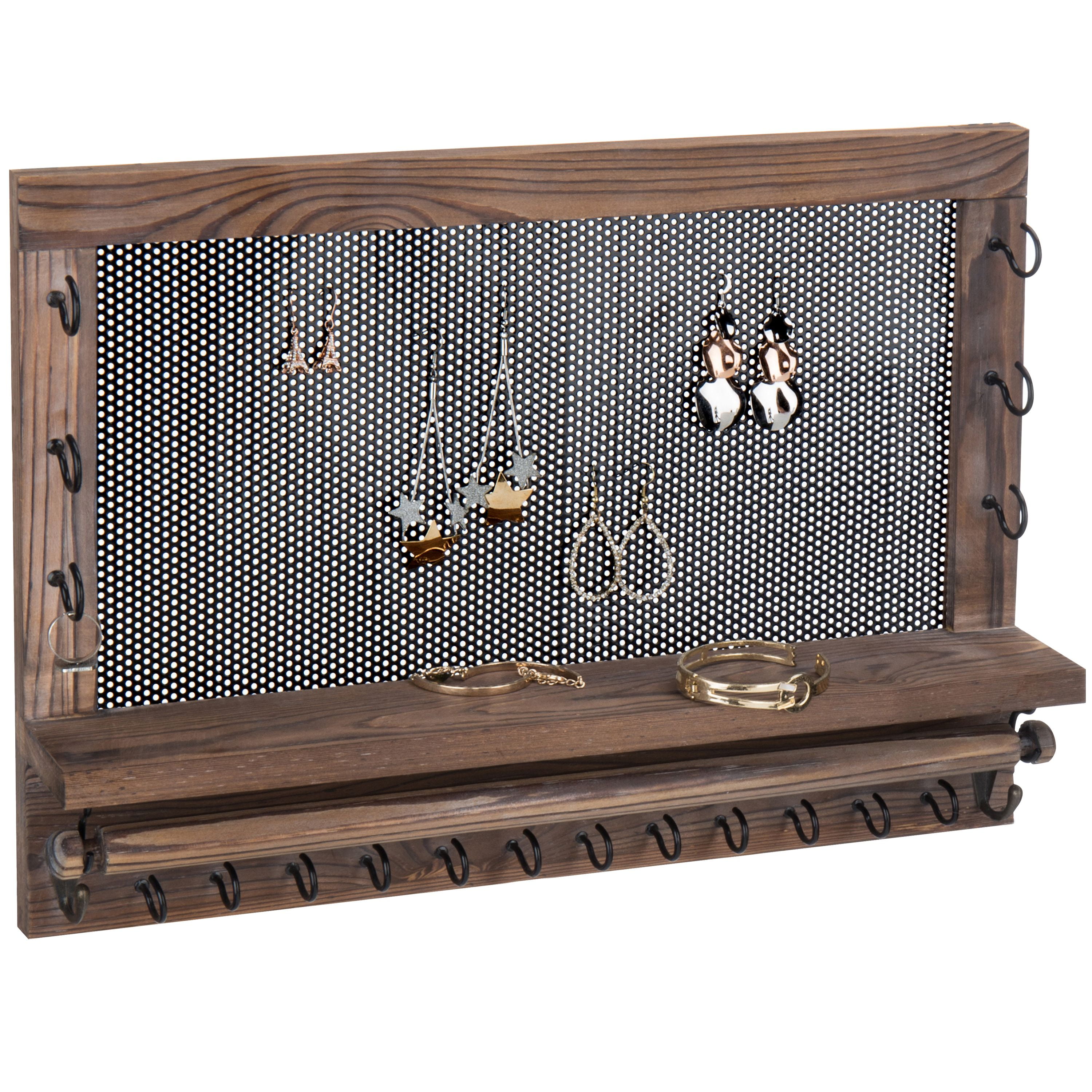MyGift WallMounted Wood Jewelry Rack with Perforated Earring Panel