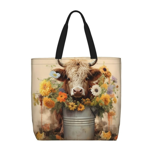 Hirioo Bucket Flower Cow for Tote Bag for Women, Quilted Shoulder Bag with Zipper, Large Capacity Handbags for Casual, Travel, Work