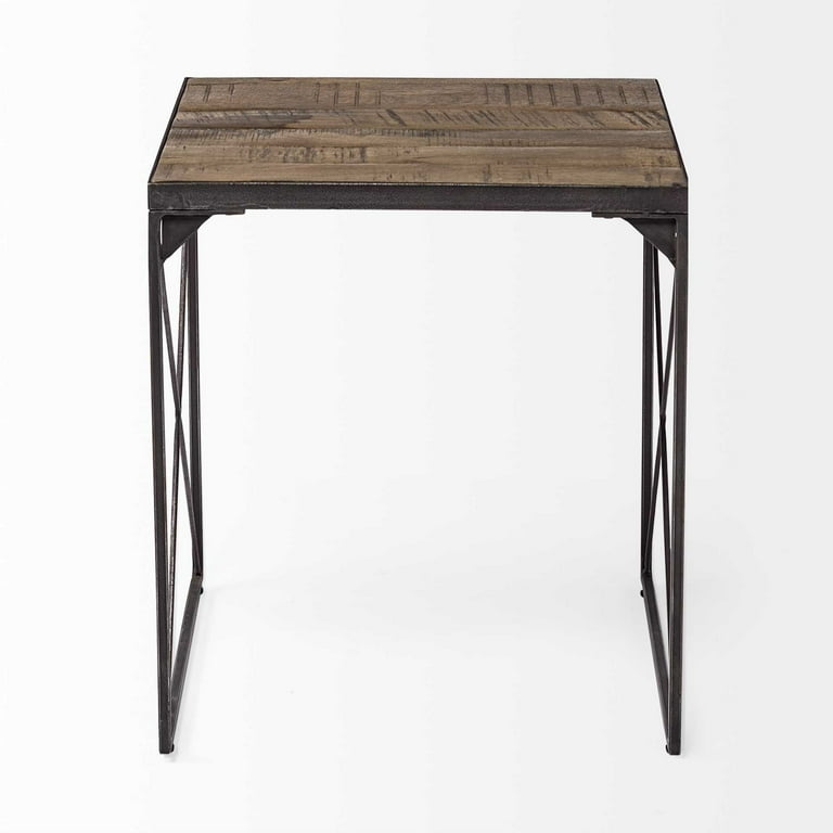 Medium Brown Wood Side Table With Square Top And Iron Cross Braced Medium Brown Wood Side Table With Square Top And Iron Cross Braced
