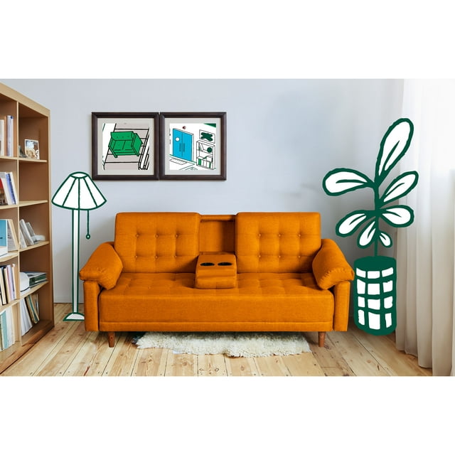 Sofá Cama con Porta Vasos de Lino Mostaza Modelo Andros Makora