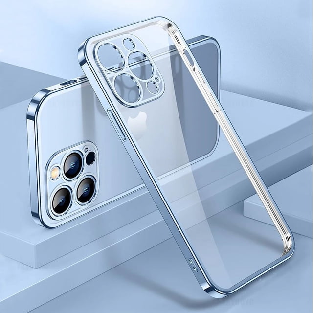 Luxury Plating Square Frame Silicone Transparent Case on For iPhone 11 12 13 14 15 Pro Max X XR XS Max 7 Plus Clear Back Cover Sierra Blue For iPhone 11Pro Max
