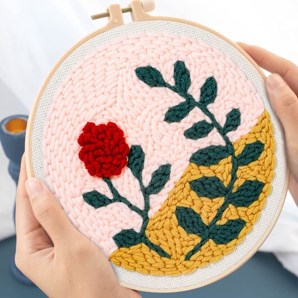 2 Pack Flowers in Vase Easy Punch Needle Embroidery Starter Kits for Kids and Adults Beginners with Punch Needle Tool,Threader, Stamped Fabric Embroidery,Hoop,Pen, Punch Needle Kits