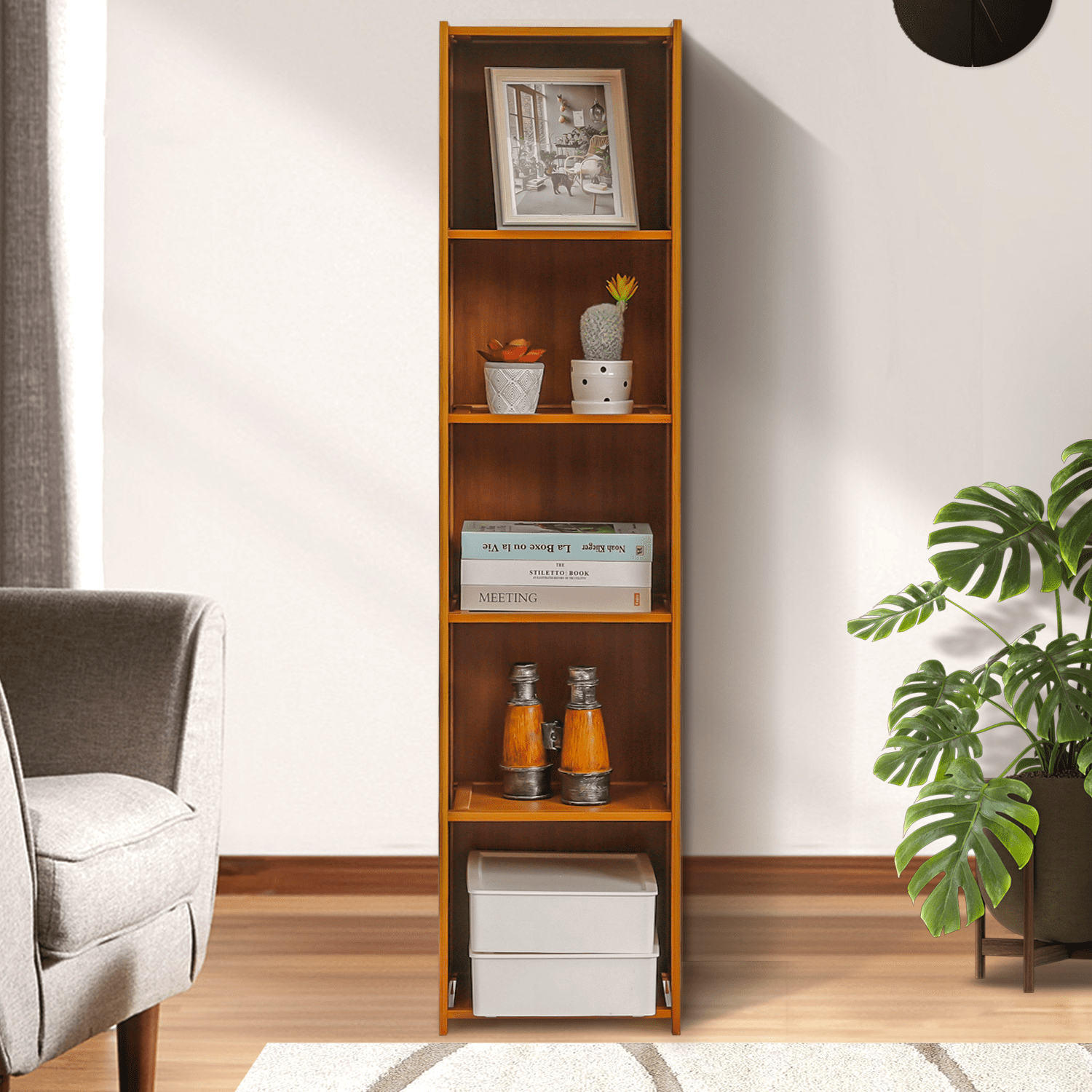 Magshion Bamboo 5 Shelves Bookshelf, Display Storage Stand, Books Organizer Rack, Brown, for Home