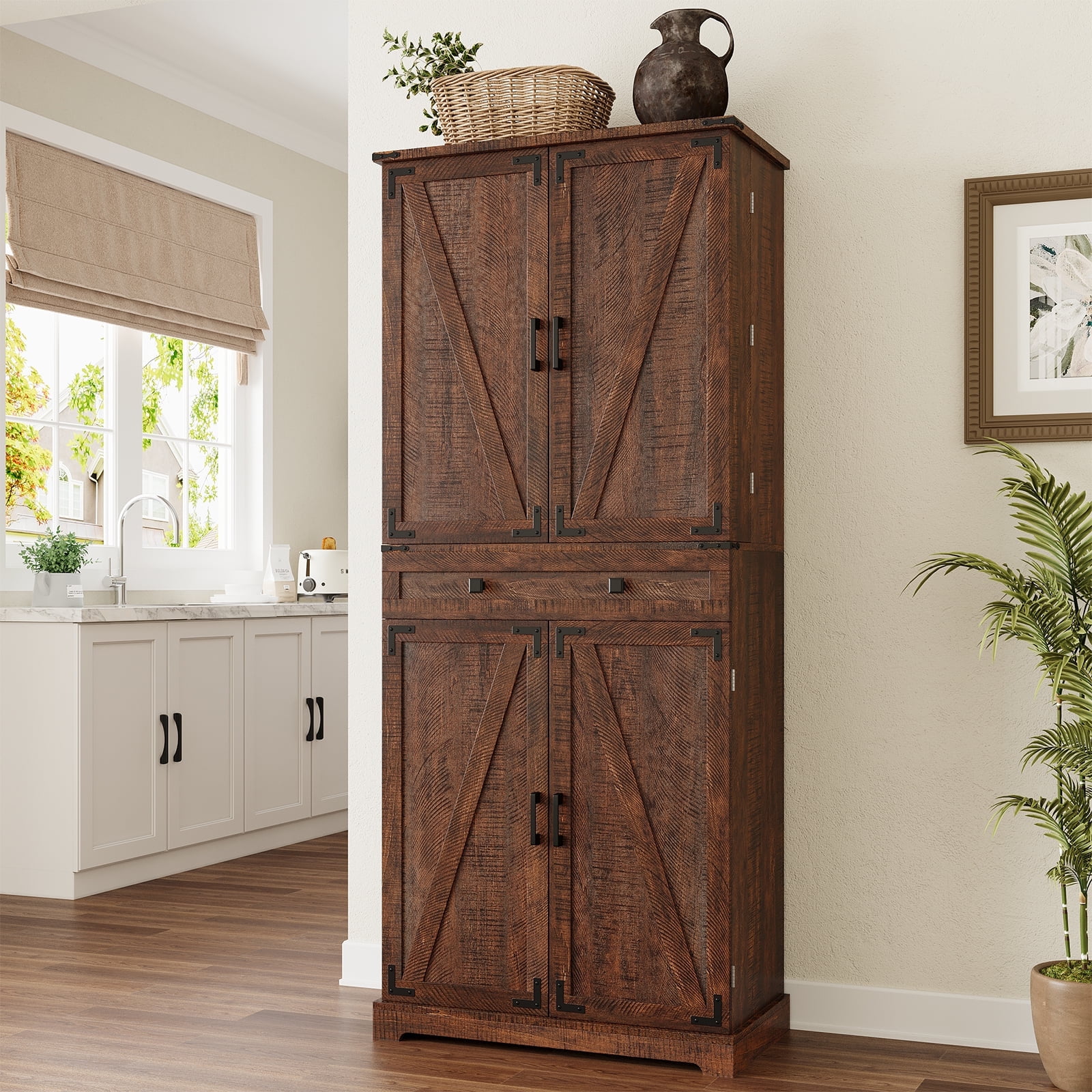 ELYKEN 72" Kitchen Pantry Storage Cabinet with Adjustable Shelves and Drawer, Rustic Brown