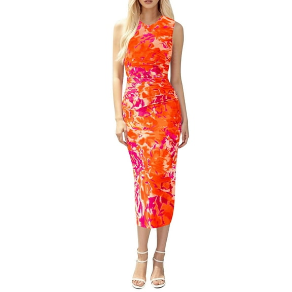 Women's Bodycon Midi Dress Sleeveless Floral Print Halter Neck Slim Fit Summer Party Club Dresses Elegant Night Out