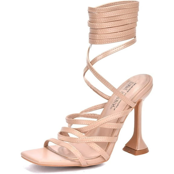 Cape Robbin Jenni Lace-Up Light Strappy Stiletto Flare Heel Open Toe Sandal Nude (NUDE, 6)