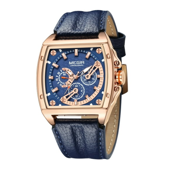 MEGIR Watches Chronograph for Men Leather Strap Large Dial Quartz Sport Wristwatch Week 24-Hour