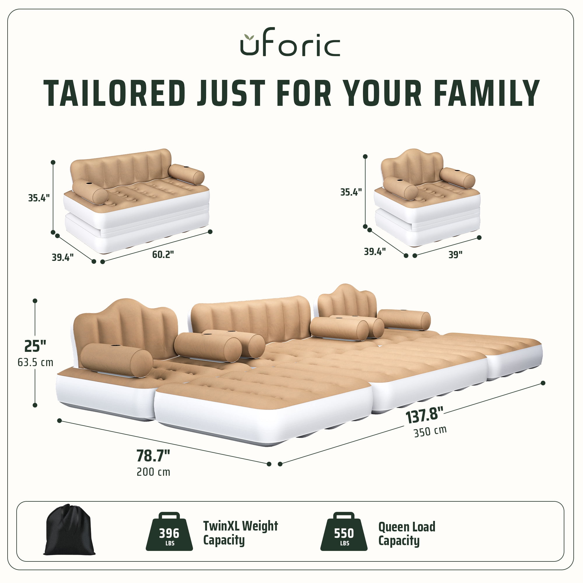Uforic 3-Piece Convertible Air Sofa Bed Set, Queen + 2 Twin Inflatable Mattress with Headboard, Cup Holders, Pump & Carry Bag for Home Camping, Khaki