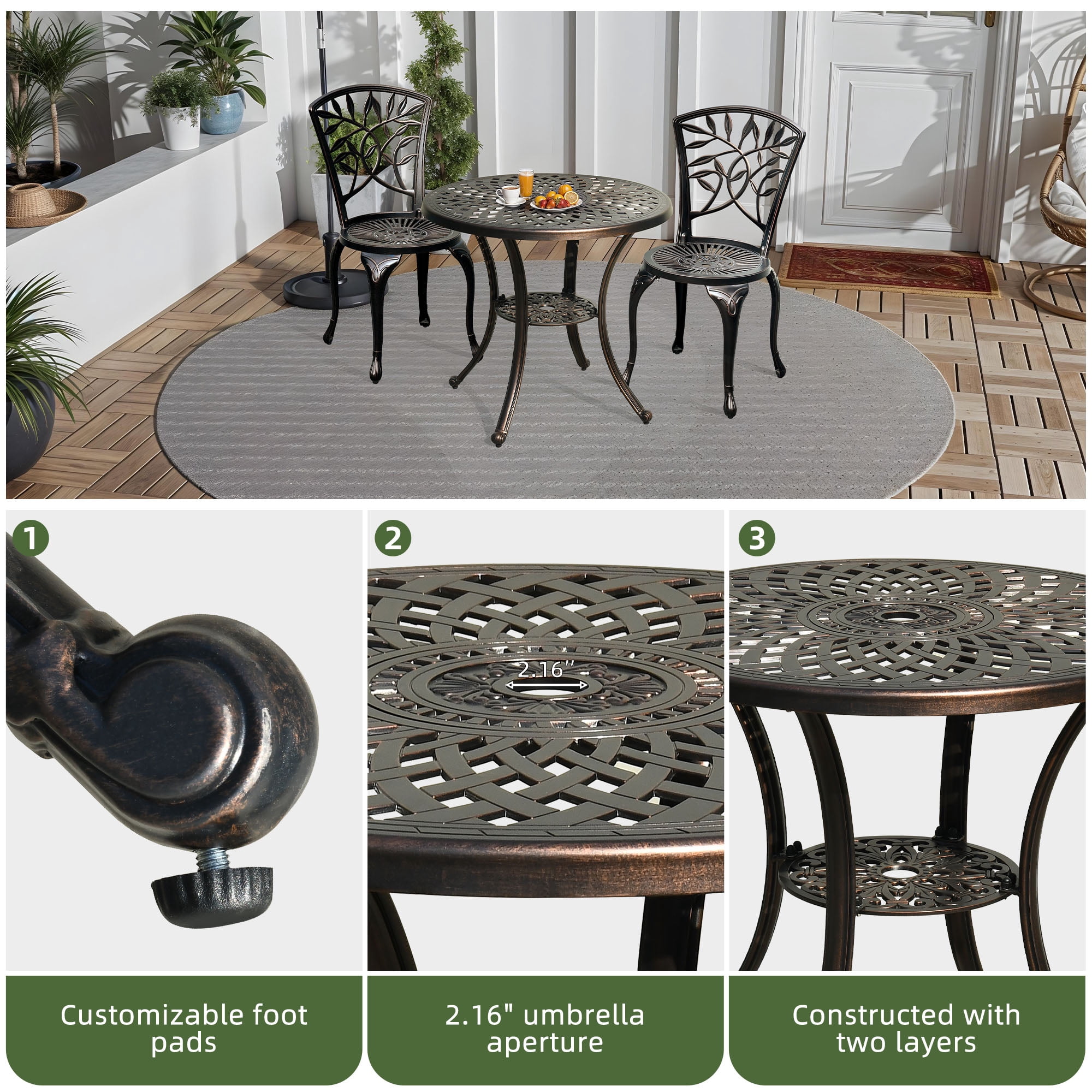 Uforic 5 Piece Outdoor Patio Furniture Patio Dining Sets, Cast Aluminum Patio Bistro Set of 4 Chairs, 30.7 Inches Round Table with Umbrella Hole