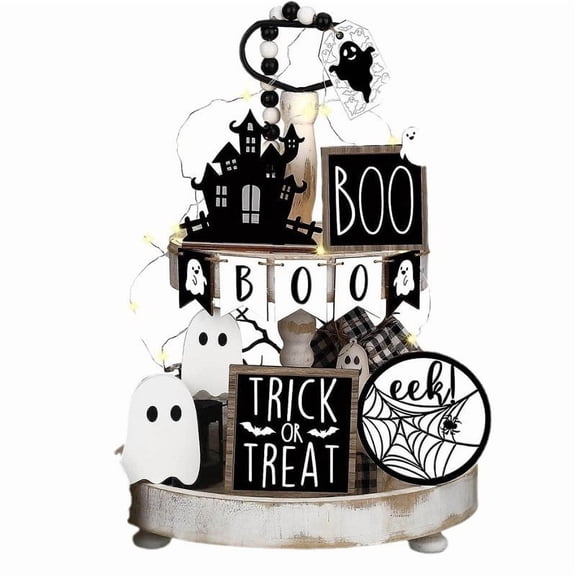 Halloween Decorations 8PCS Tiered Tray Decor, Cute Tabletop Halloween Decor for Home Tray Shelf Mantel Coffee Bar Office Table Centerpieces Farmhouse Rustic Spooky Wood Signs