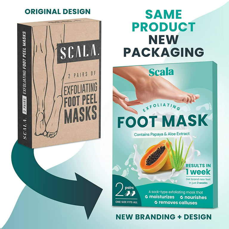 Scala Foot Peel Mask Treatment (2 Pack) Dead Skin Remover for Feet, Dry Cracked Feet, Exfoliator Gel Fixes Cracked Heels, Peeling Reveals Baby Soft