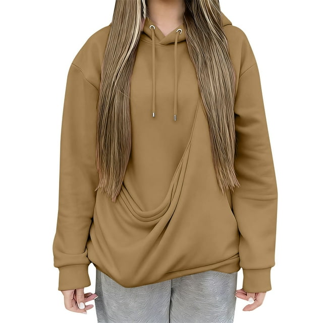 Duoif Womens Hoodies Pullover, Oversized Solid Color Sweatshirt - Women's Loose Pullover Womens Fall Tops Brown XL
