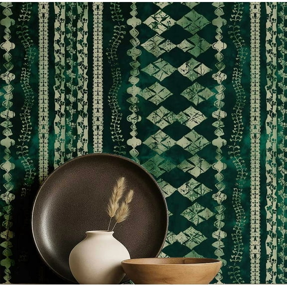 S4sassy Self-Stick Decorative Boho Wallpaper, Striped Geometric Print Wall Paper, Vinyl Waterproof Contact Paper, Green, 25"x120"inch Removable Renter Friendly Wall Covering For Bedroom