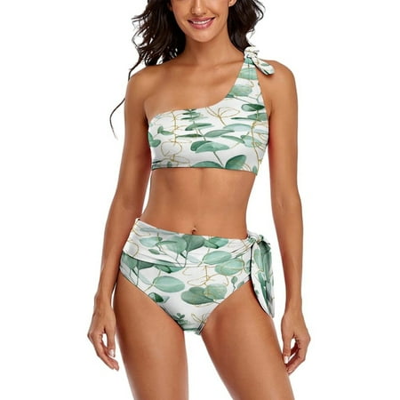 Watercolor Drawing Eucalyptus Leaves One Shoulder Bowknot Swimsuit Two Piece Swimsuit Knot Crop Top Bikini High Waisted Bathing Suit