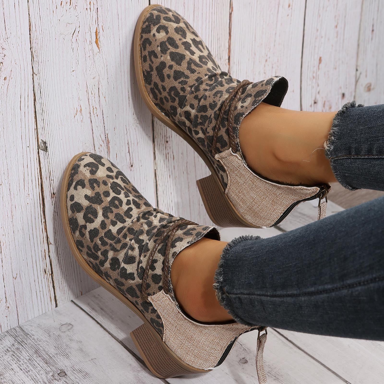zanvin Thick heeled leopard print splicing women s single shoes boots gifts for family On clearance