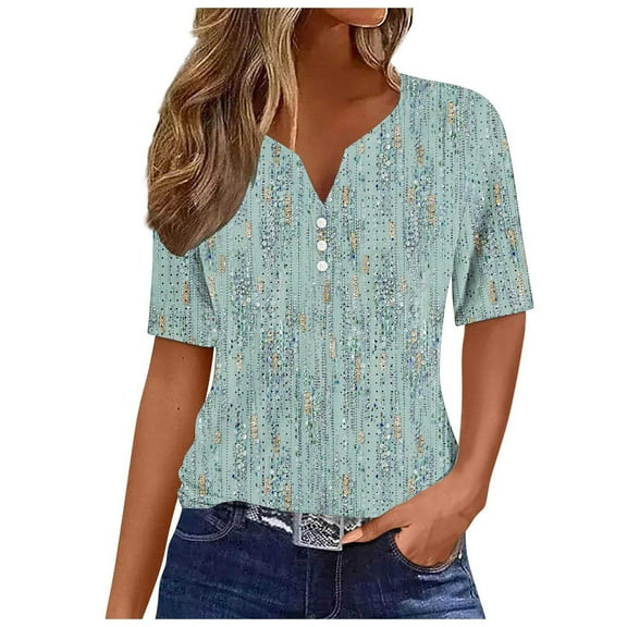 Womens Fashion Print Tops Short Sleeve Henley V Neck Shirts Casual Hollowed Out Tees Summer Loungewear Clothings
