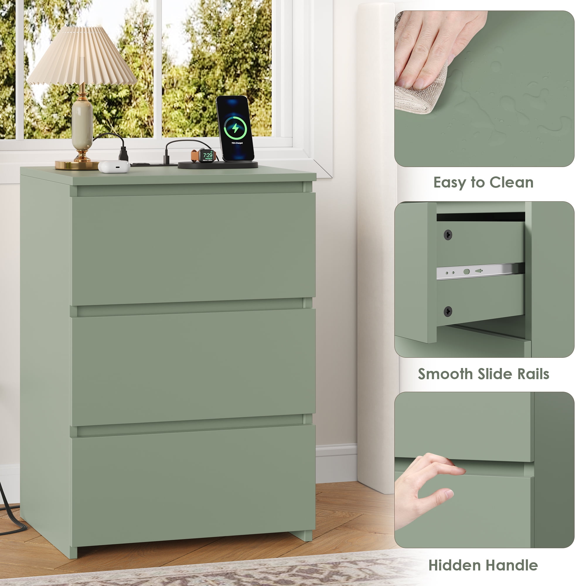 Homfa 3 Drawers Nightstand with Charging Station, Side Table with Storage for Living Room, Bedside Nightstand for Bedroom, Green