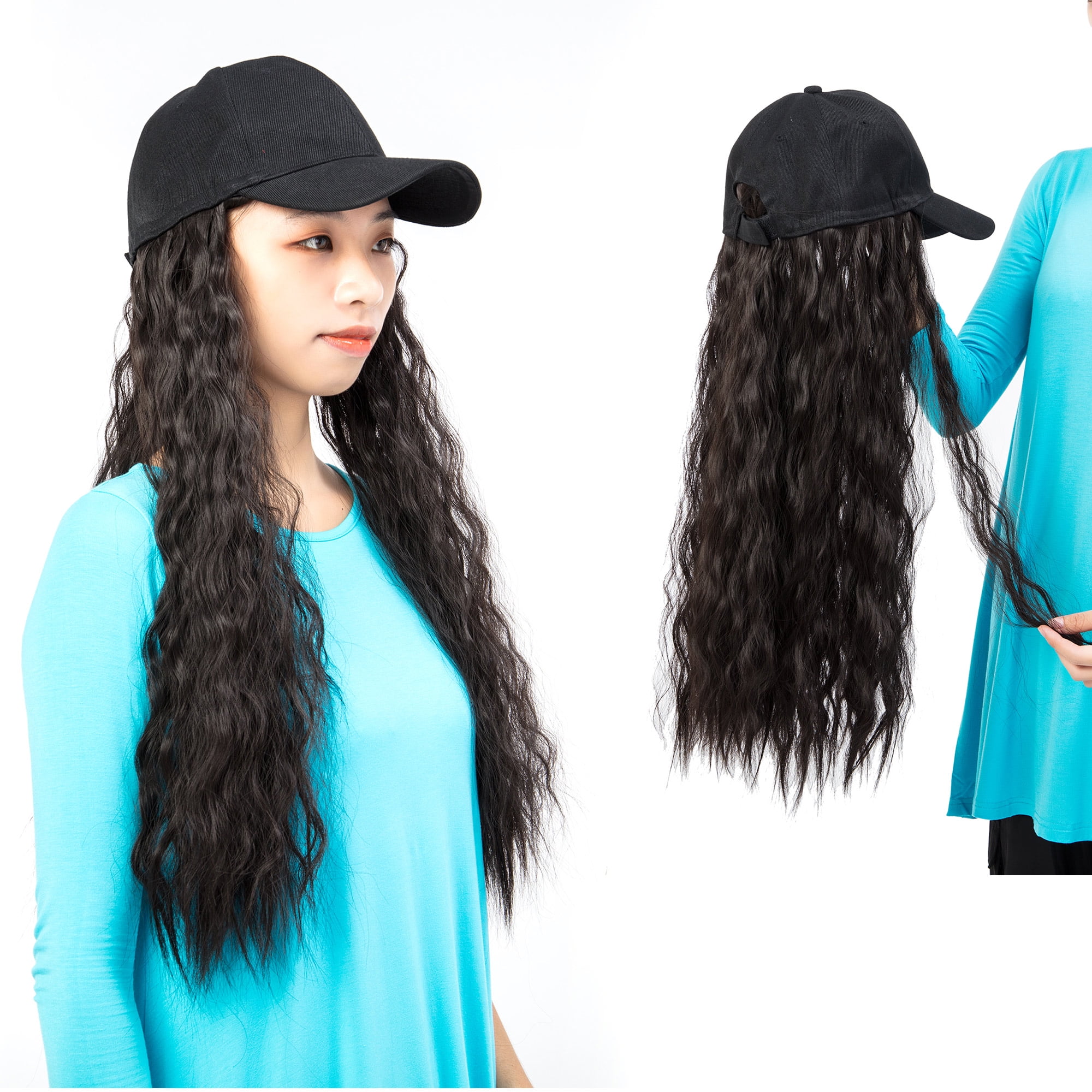 20" Curly Baseball Cap With Hair Curly Long Wavy Corn Wave Hairpiece
