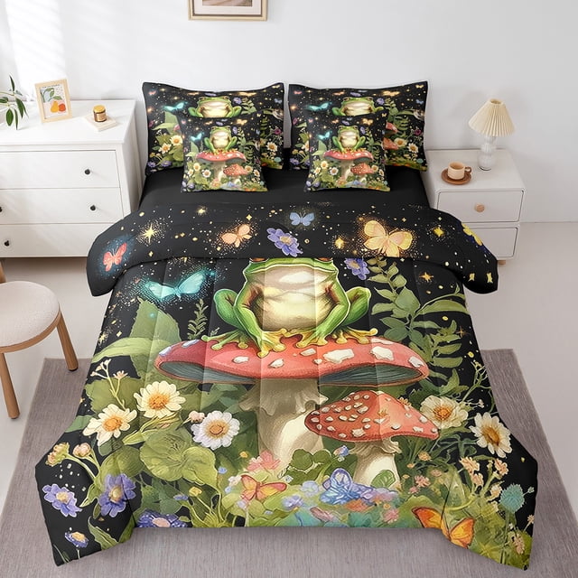 Manfei Animal Frog Bedding Queen Size,Flower Mushroom Comforter Sets with Sheets,Flying Butterfly Bedding Sets Queen Size,Ultra Soft Bohemian Room Decor,Reversible,7pcs