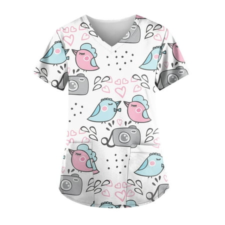 

XHJUN Scrub Tops Women Stretchy Scrubs for Women Cute Animal Love Heart Floral Print Scrubs Tops White XXXXL
