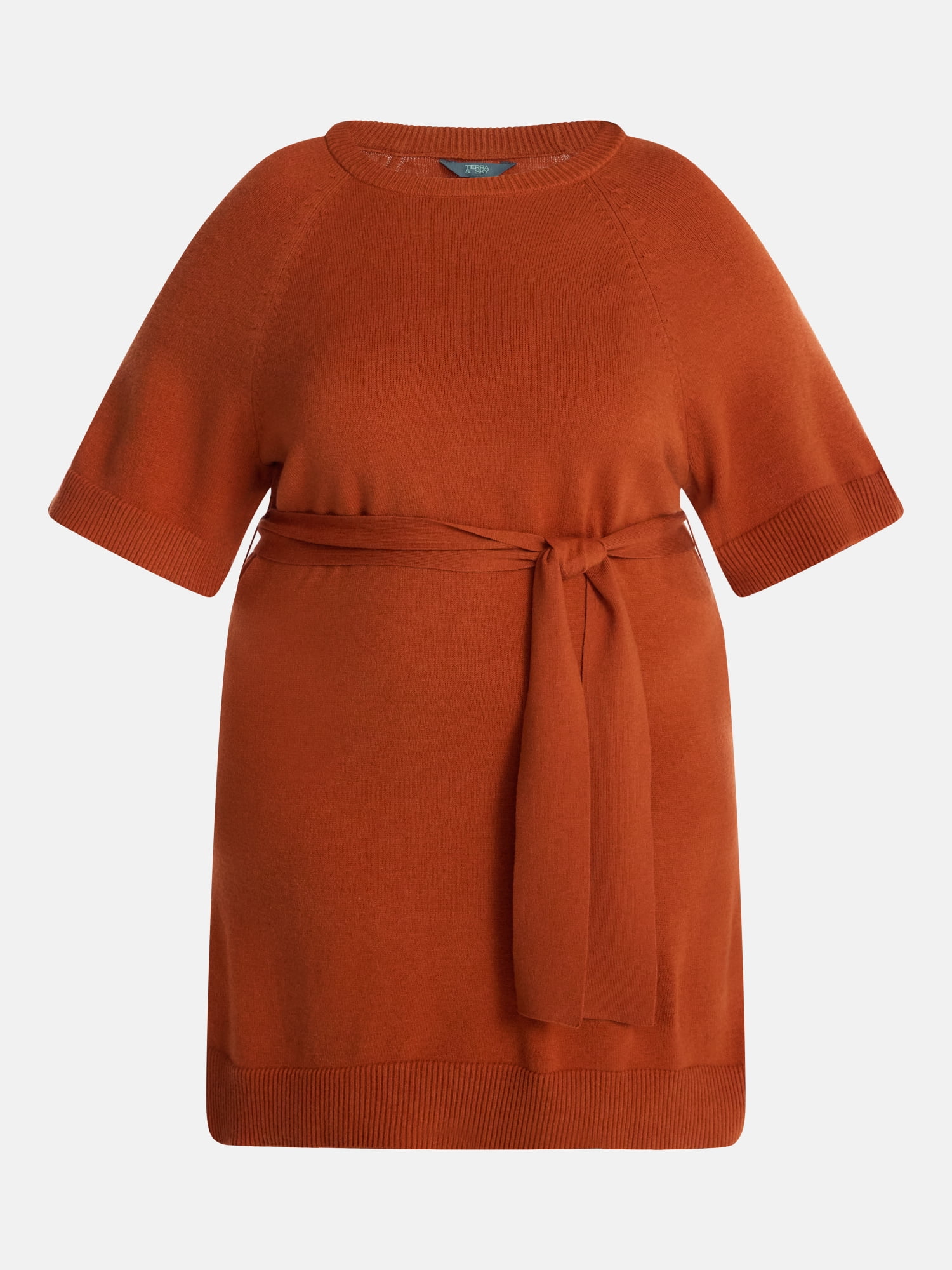 Terra & Sky Women's Plus Tie Waist Mini Sweater Dress with Short Sleeves, Sizes 0X-5X