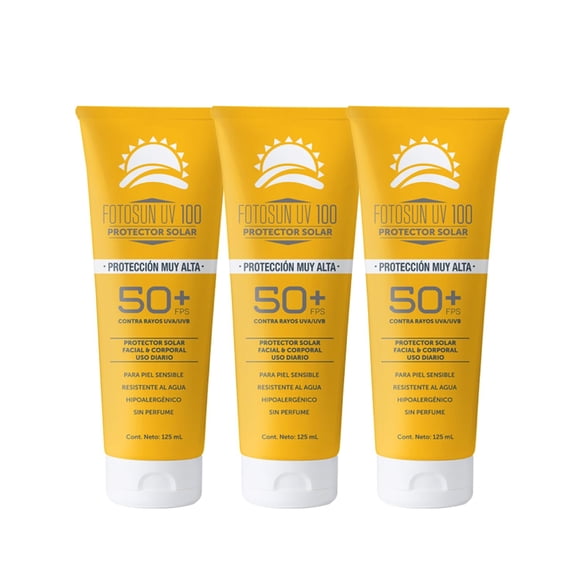FOTOSUN UV Protector Solar FPS 50+ en Gel 125 ml, facial y corporal, UVA y UVB, para todo tipo de piel, uso diario, 3 pack adulto, bloqueador solar no graso