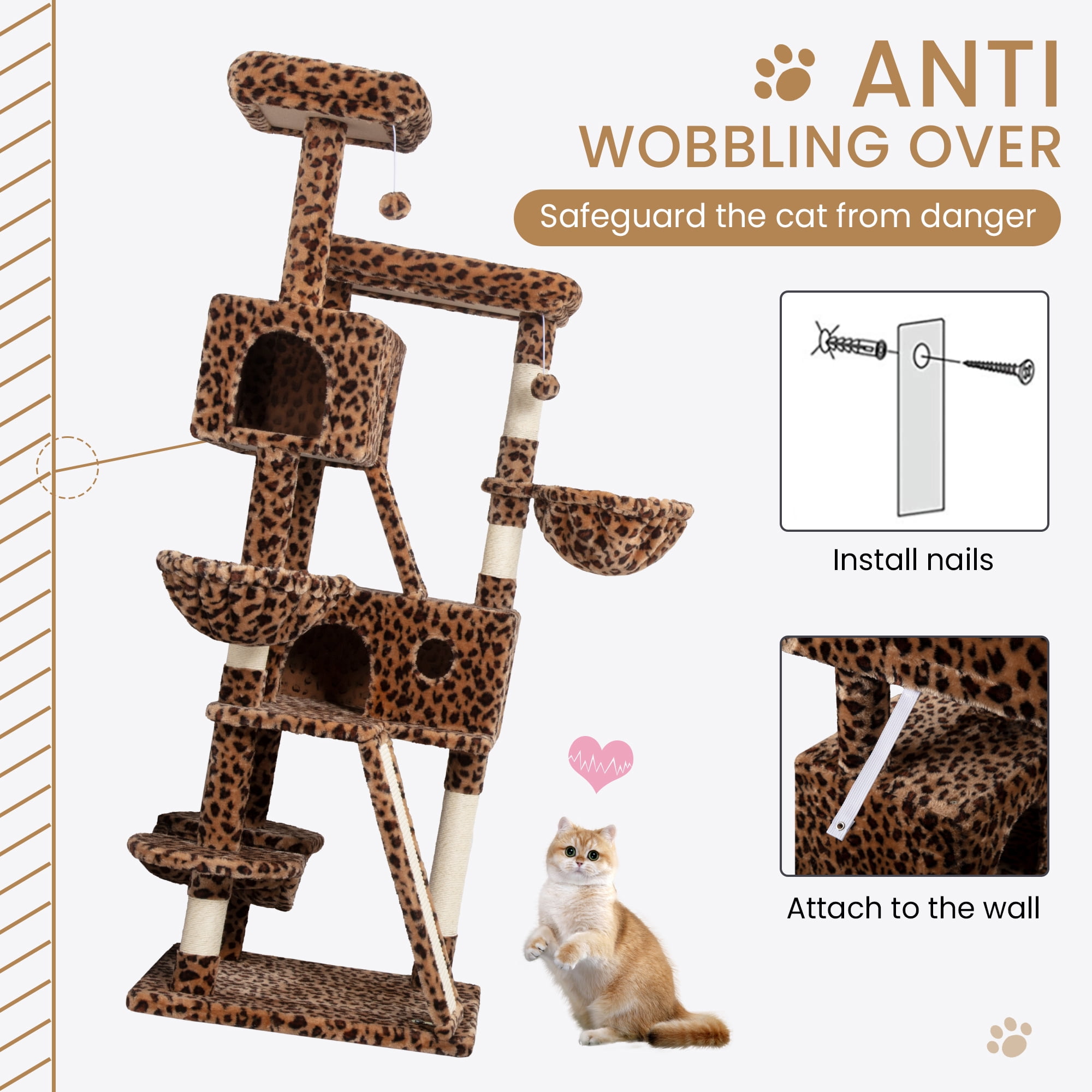 Merrland 65.7" Large Cat Tree Tower Condo for Cats with 2 Scratching Ramps, Hammock & Scratching Posts, Leopard Print