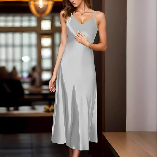 Gspmoly Robe d'Été, Robe Longue Décontractée Ajustée pour Femme, Couleur Unie, Ample, Sans Manches, à Col en V, Robe Camisole, Robes de Cocktail, Offres Prime